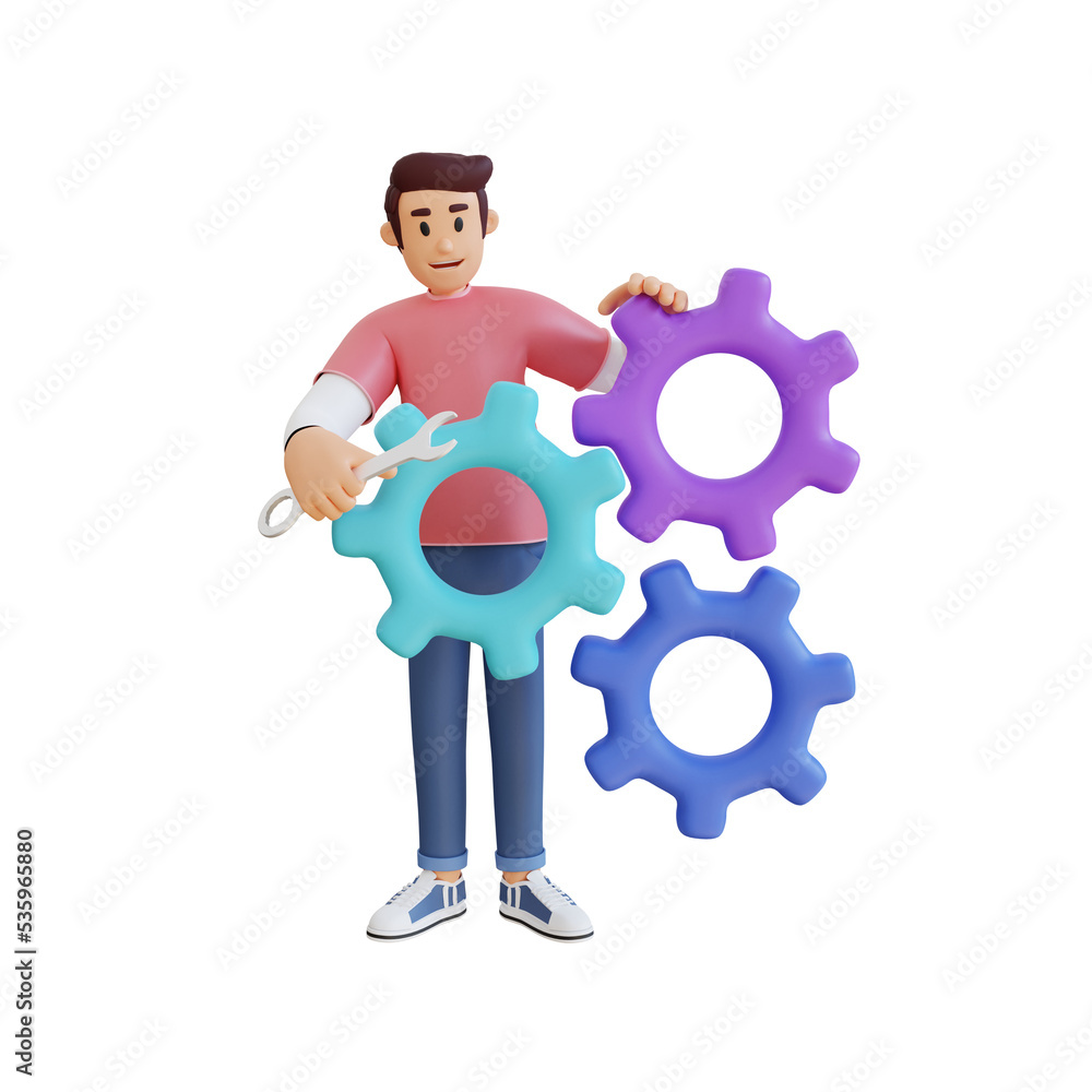 young man holding a wrench 3D character illustration young man holding a wrench 3D character illustration