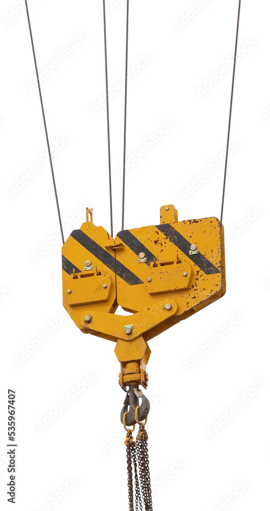 Crane hook hanging on steel ropes isolated on white Crane hook hanging on steel ropes isolated on white