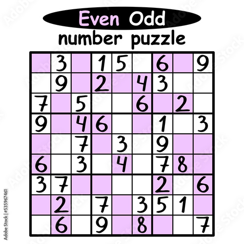 Even Odd number puzzle for children vector illustration. Place even numbers on lilac cells and odd numbers on white ones. Easy logic game printable page vector