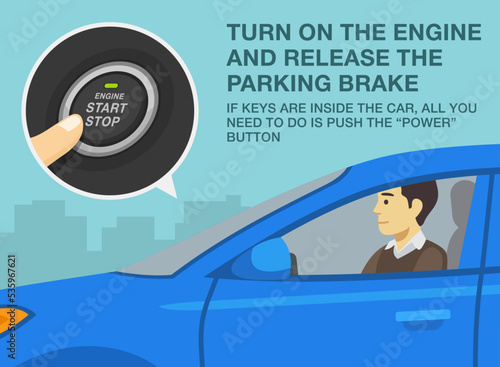 Safe driving tips and rules. Turn on the engine and release the parking brake. Close-up of male driver pushing the power button. Flat vector illustration template.