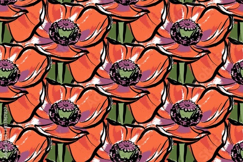 Seamless Pattern Bright Red Poppies Flowers Digital Paper Endless Background Wallpaper, for fabrics, packaging.