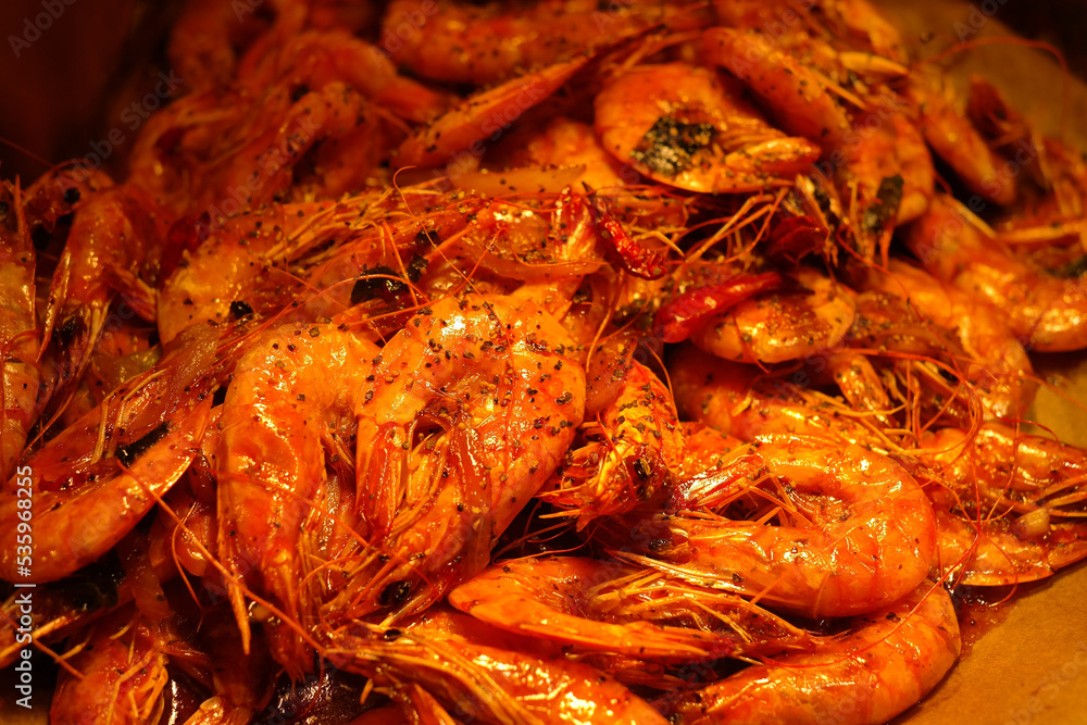 Shrimp marinated grilled piles on the buffet Shrimp marinated grilled piles on the buffet