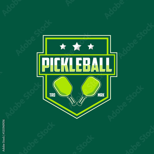 pickle ball sport graphic template. pickle ball game tournament in badge emblem patch label style.