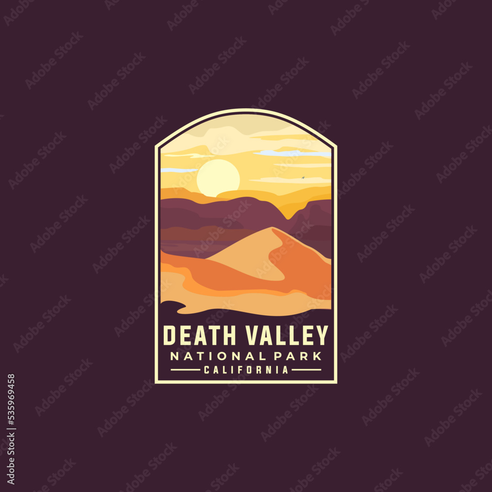 Obraz premium Death valley national park vector template. Tucson Arizona Nevada landmark illustration in emblem patch style.