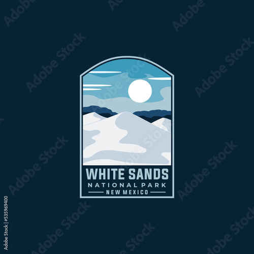 White sands national park vector badge template. New Mexico landmark illustration in emblem patch style.