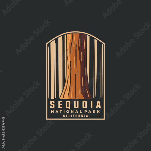 Sequoia tree national park vector template. California landmark graphic illustration in badge emblem patch style.