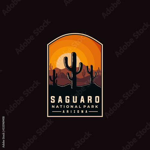 Saguaro national park vector template. Tucson Arizona landmark illustration in emblem patch style.