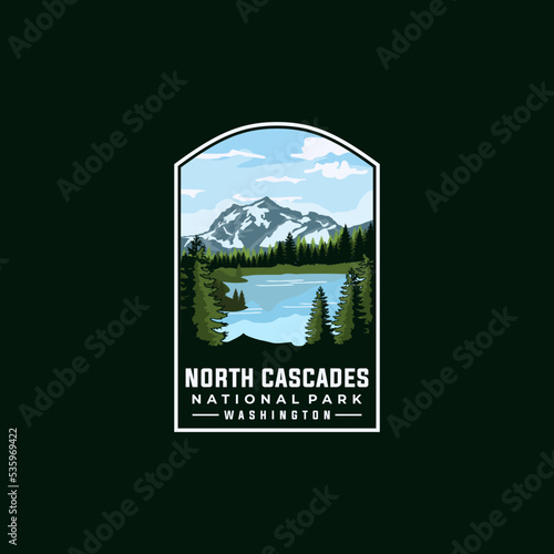 North Cascades national park vector template. Washington landmark illustration emblem patch style