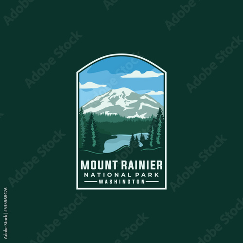 mount rainier national park vector template. Washington landmark illustration in emblem patch style.
