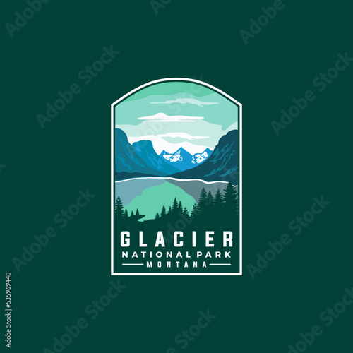 Glacier national park vector template. Montana landmark graphic illustration in badge emblem patch style.