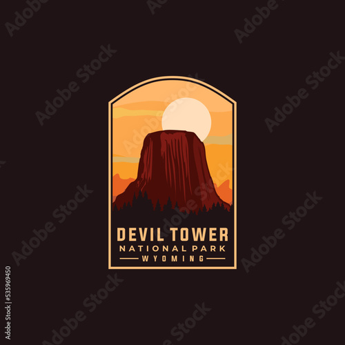 devils tower national park vector template. Wyoming landmark illustration in emblem patch style.