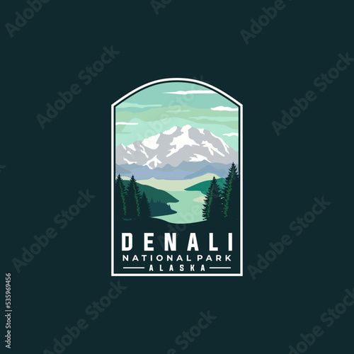 Denali national park vector template. Alaska landmark graphic illustration in badge emblem patch style.