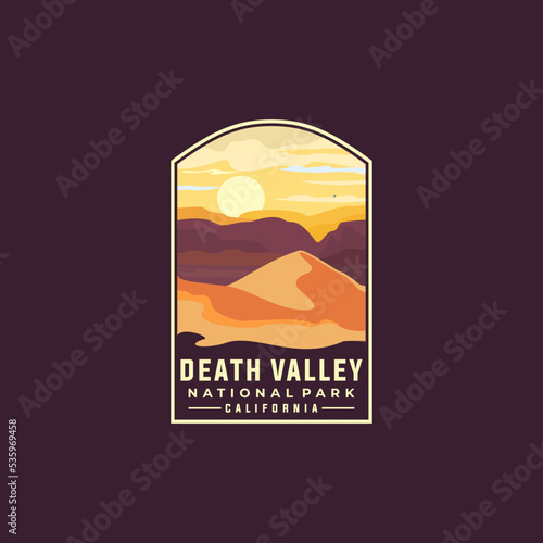 Death valley national park vector template. Tucson Arizona Nevada landmark illustration in emblem patch style.