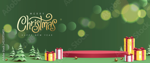 Merry Christmas banner with product display cylindrical shape and gift box red bow decoration green background