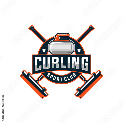 curling sport badge vector template. sport graphic illustration in badge emblem patch style.