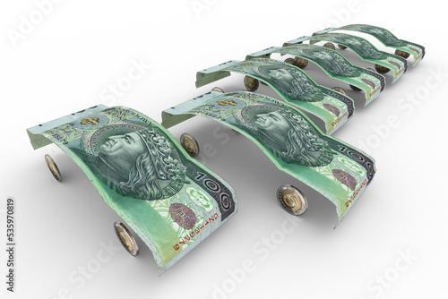 Banknoty 100 Złotych Polskich uformowane w kształt karoserii samochodowej