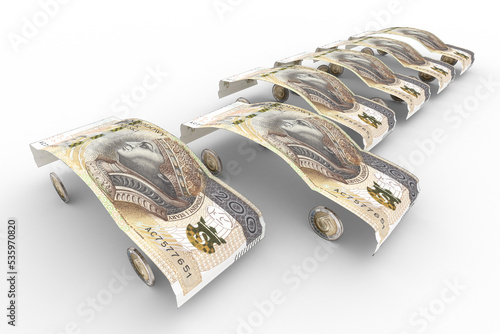 Banknoty 200 Złotych Polskich uformowane w kształt karoserii samochodowej 
