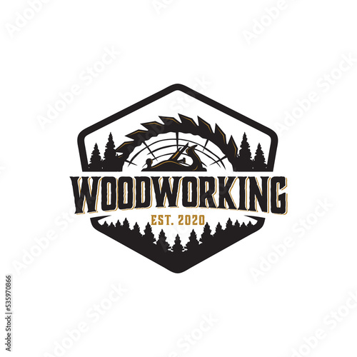 carpentry woodworking vintage vector template. wood works graphic in label badge patch emblem illustrations.
