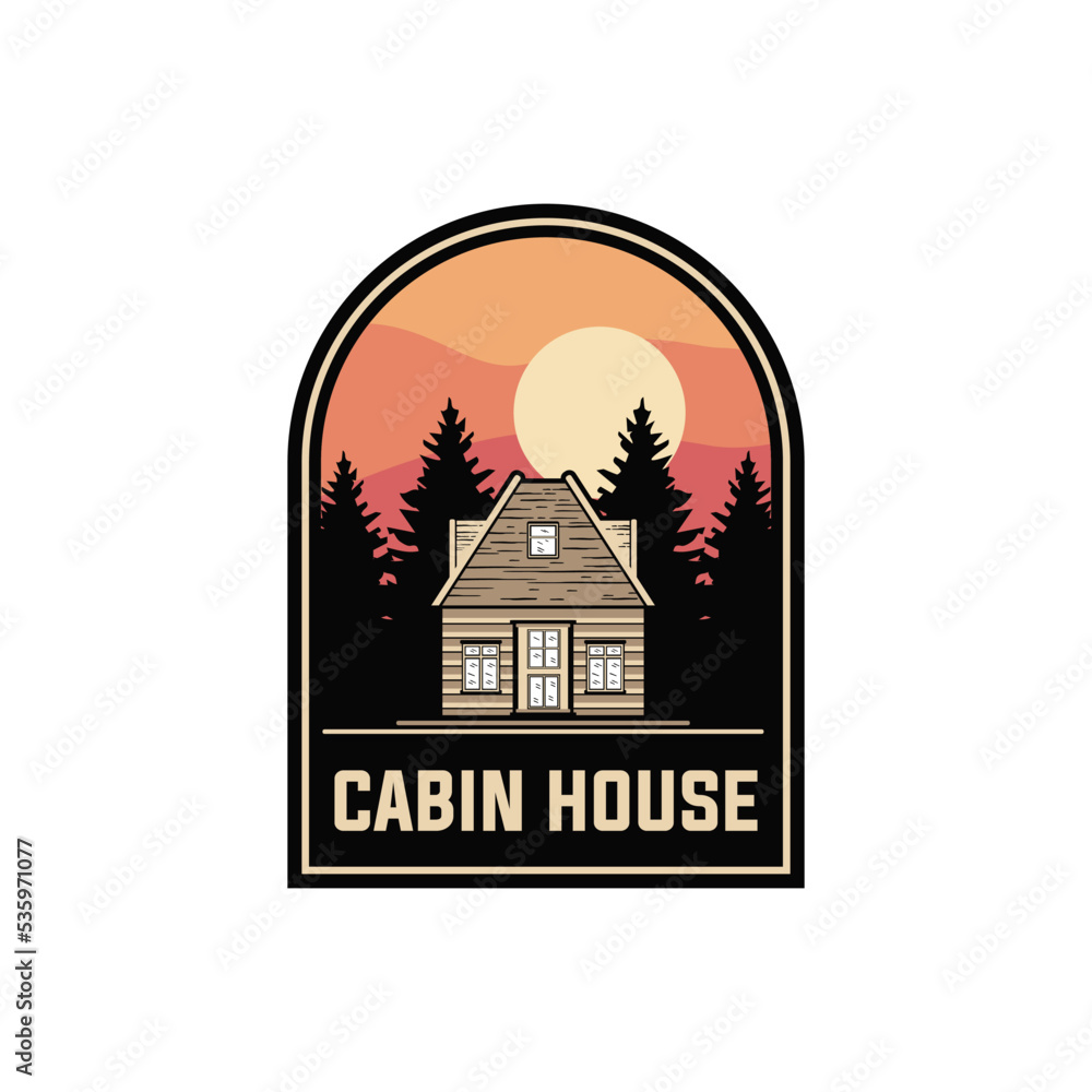 cabin house label vector template. lodge forest cottage graphic in badge patch emblem style illustration.