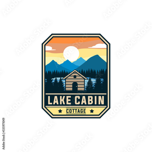 cabin house label vector template. lodge forest cottage graphic in badge patch emblem style illustration.