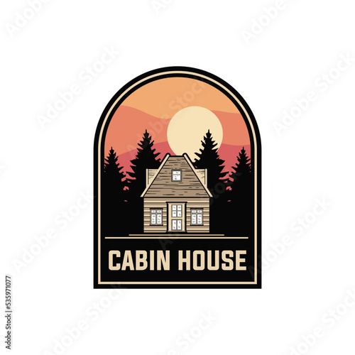 cabin house label vector template. lodge forest cottage graphic in badge patch emblem style illustration.