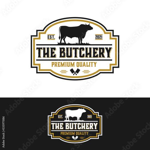 butchery graphic template. butcher shop vector illustration in badge emblem label style.