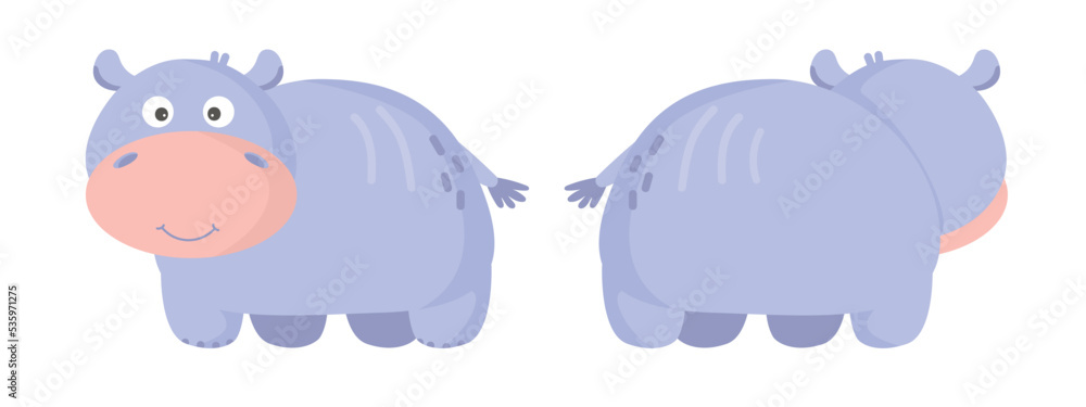 Obraz premium Vector cartoon hippo. African animal. funny kind hippopotamus. Funny cute hippo. little african animal for fashion print, kids wear, nursery, poster, invitation, design. mirrored front and back