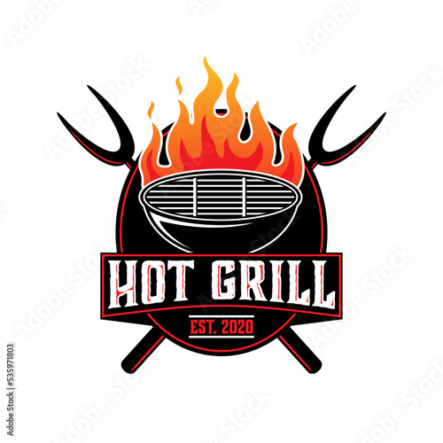 barbecue fire vector template. grill steak graphic illustration in badge emblem patch style.