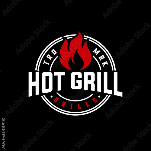 barbecue fire vector template. grill steak graphic illustration in badge emblem patch style.