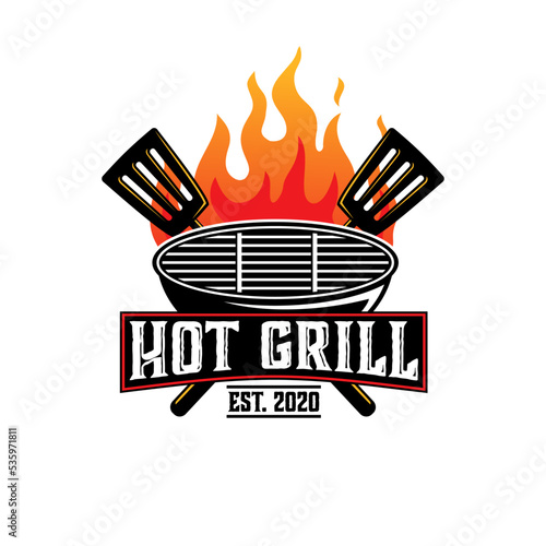 barbecue fire vector template. grill steak graphic illustration in badge emblem patch style.