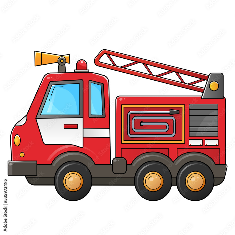Cartoon red fire truck. Professional transport. Colorful vector illustration for kids.