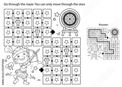 Maze or Labyrinth Game. Puzzle. Coloring Page Outline Of cartoon cheerful boy indian with bow for shooting and arrow and with target. Coloring Book for kids.