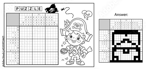 Little pirate with treasure chest. Japanese crossword with answer. Color by numbers. Coloring book for kids. Nonogram. Puzzle game for school children.