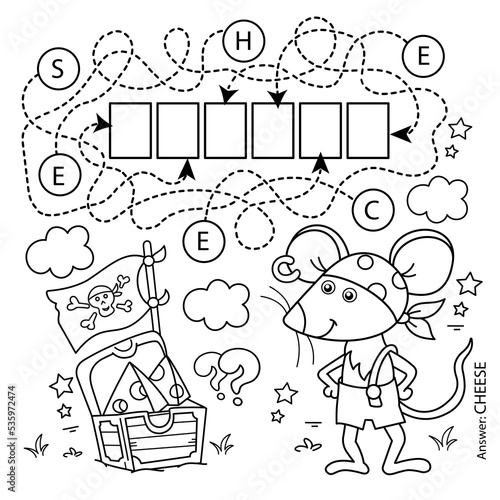 Maze or Labyrinth Game. Puzzle. Coloring Page Outline Of Cartoon little pirate mouse with chest of treasure. Cheese trove. Coloring Book for kids.
