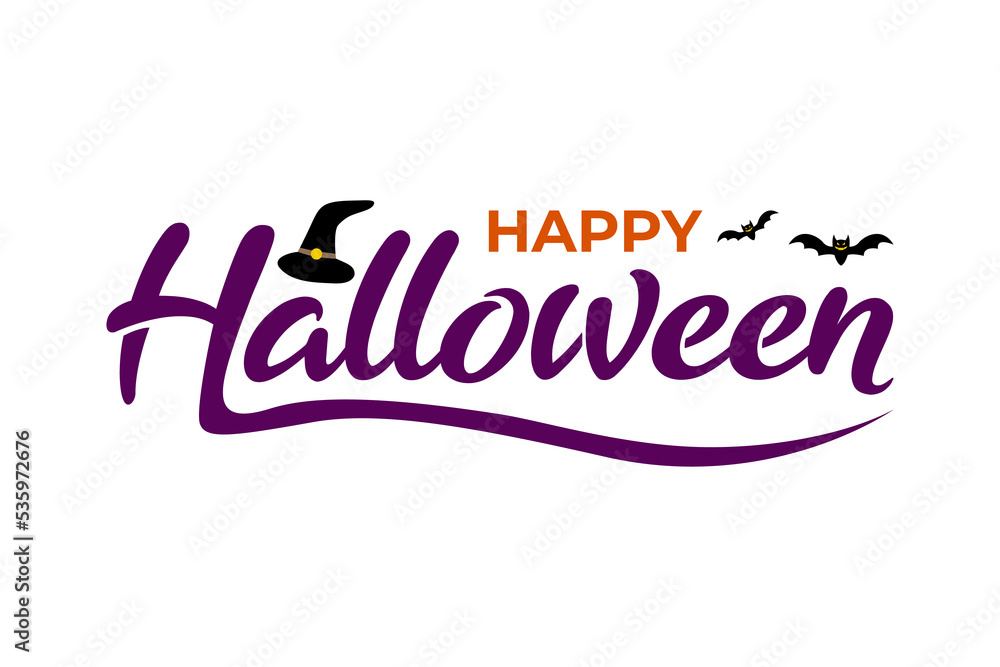 happy halloween text with illustration of bat, witch. Halloween october holiday vector design.