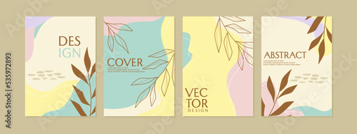 aesthetic boho style cover design set. hand drawn leaf design with pastel color abstract drawing. Universal cover Designs for book, Annual Report, Brochures, Flyers, Presentations, Leaflet, Magazine