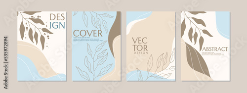 aesthetic boho style cover design set. hand drawn leaf design with pastel color abstract drawing. Universal cover Designs for book, Annual Report, Brochures, Flyers, Presentations, Leaflet, Magazine