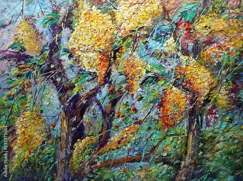 oil painting Pathway with trees and flowers , Multiply flowers 