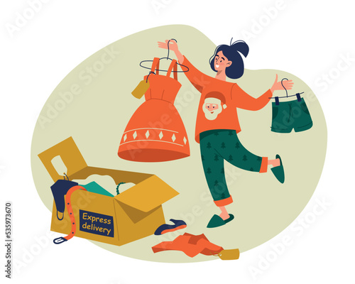Goods delivery. Online shopping. The girl received a package with new outfits. A woman is holding a new dress and new shorts in her hands. Vector image.