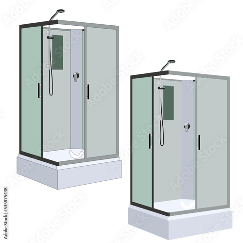Vector shower stall square with glass open door flat with half turn shadows 3d isolated on white background