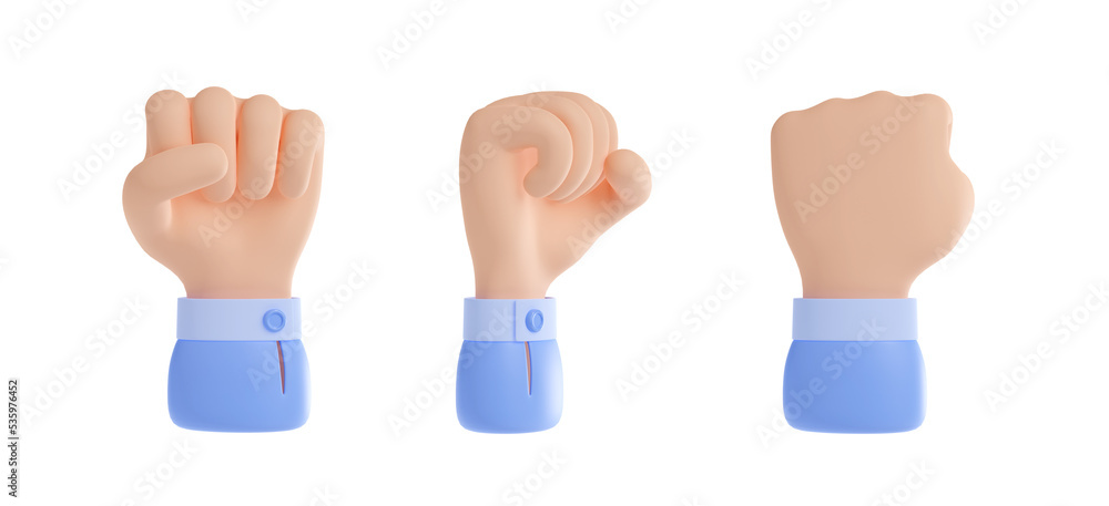 3d render hand fist front, side and rear view. Business concept of corporate celebration, victory, success, winning, Fight or protest isolated Illustration on white background in cartoon plastic style 3d render hand fist front, side and rear view. Business concept of corporate celebration, victory, success, winning, Fight or protest isolated Illustration on white background in cartoon plastic style