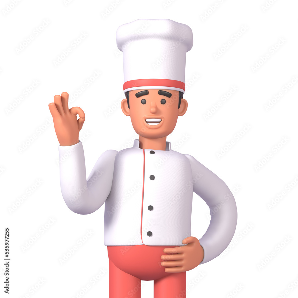 3d render of cheerful cook in white uniform showing ok hand gesture 3d render of cheerful cook in white uniform showing ok hand gesture