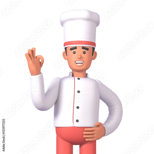 3d render of cheerful cook in white uniform showing ok hand gesture