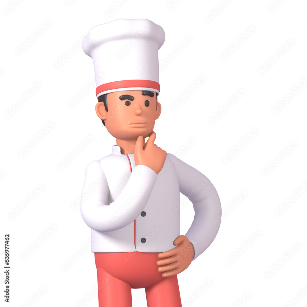 3d render of cheerful cook in white uniform thinking, making decision 3d render of cheerful cook in white uniform thinking, making decision