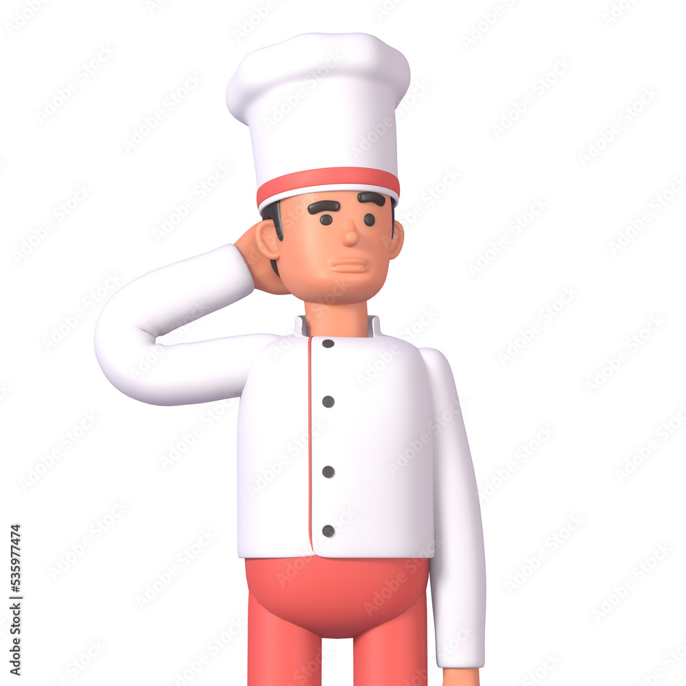 3d render of cheerful cook in white uniform thinking, making decision 3d render of cheerful cook in white uniform thinking, making decision