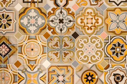 Texture of Moroccan ceramic tiles. ceramic tiles in oriental style. Portuguese tiles. Background of colorful vintage ceramic tiles, wall, floor decoration.