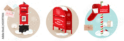 Fototapeta et of different shapes traditional red vintage mailboxes decorated for Christmas holidays at winter snowy background
