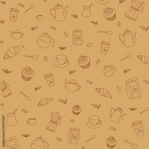 Coffee pattern, tea pots and food, brown pattern, coffee shop pattern and printing on tablecloth, rugs. © Anastasiia