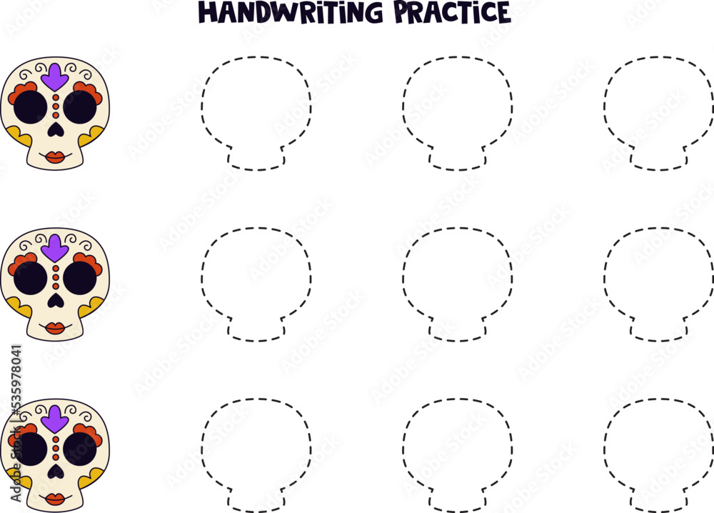 Tracing lines for kids. Hand drawn skull. Writing practice. Tracing lines for kids. Hand drawn skull. Writing practice.