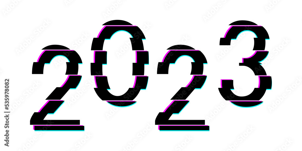 2023 glitch logo or icon in cyberpunk style. Concept of Happy New Year 2023 in modern style. Vector isolated on white background. 2023 glitch logo or icon in cyberpunk style. Concept of Happy New Year 2023 in modern style. Vector isolated on white background.